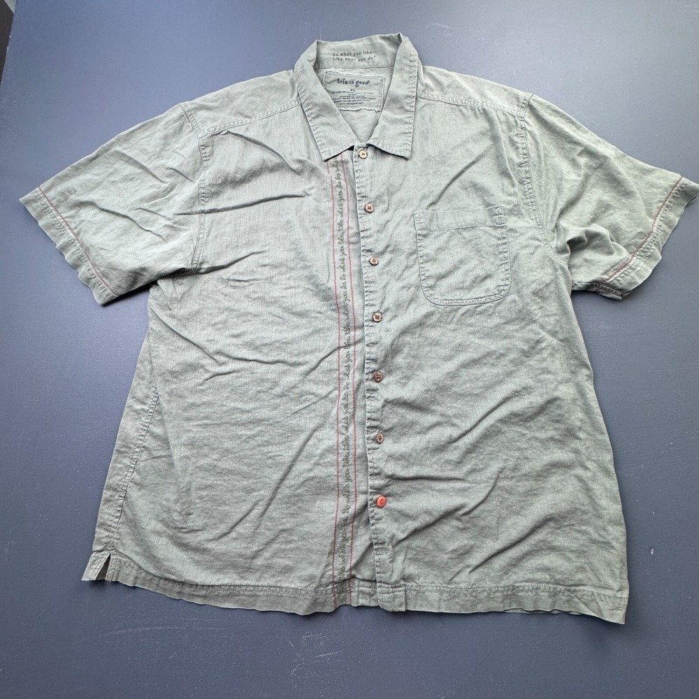 Life is Good Men's XL Army Green Button Up Shirt Linen Blend Short Sleeve Casual